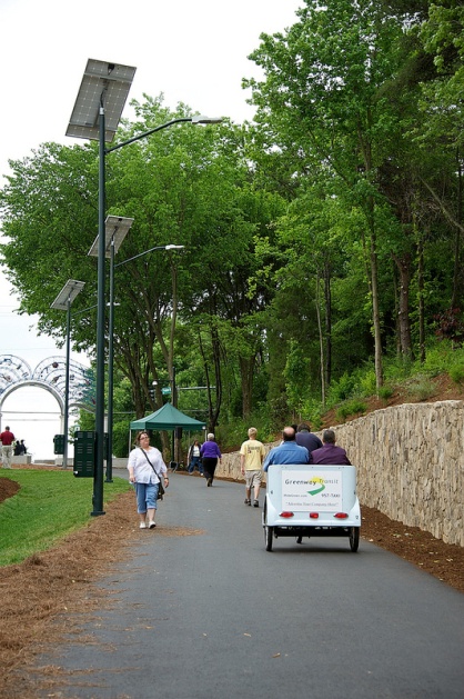 Residents using an open section of the Downtown Greenway.