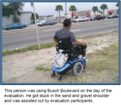 Wheelchair user gets stuck in sandy shoulder.